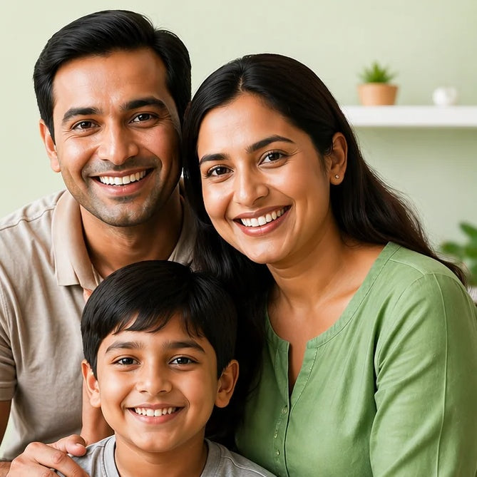 A smiling family of three at home