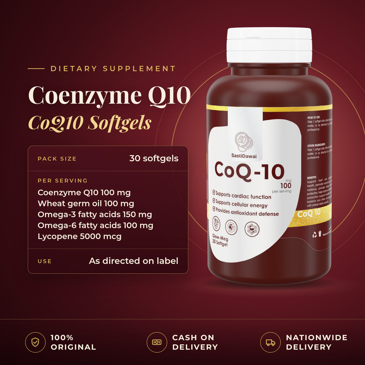 Coenzyme Q10 100 mg with Omega-3, Omega-6, Lycopene and Wheat Germ Oil Softgels bottle, 30 softgels per pack