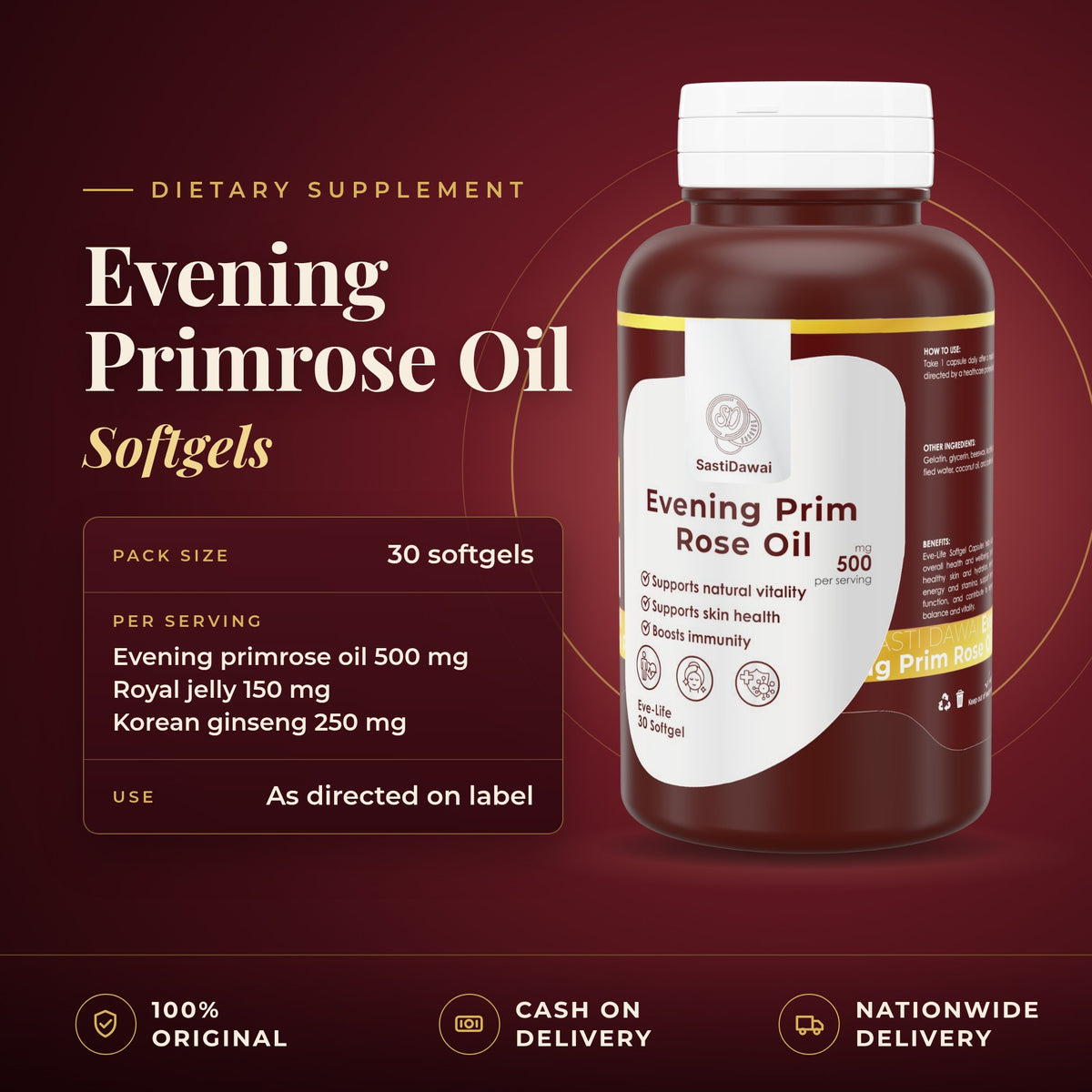 Evening Primrose Oil 500 mg with Royal Jelly and Korean Ginseng Softgels bottle, 30 softgels per pack