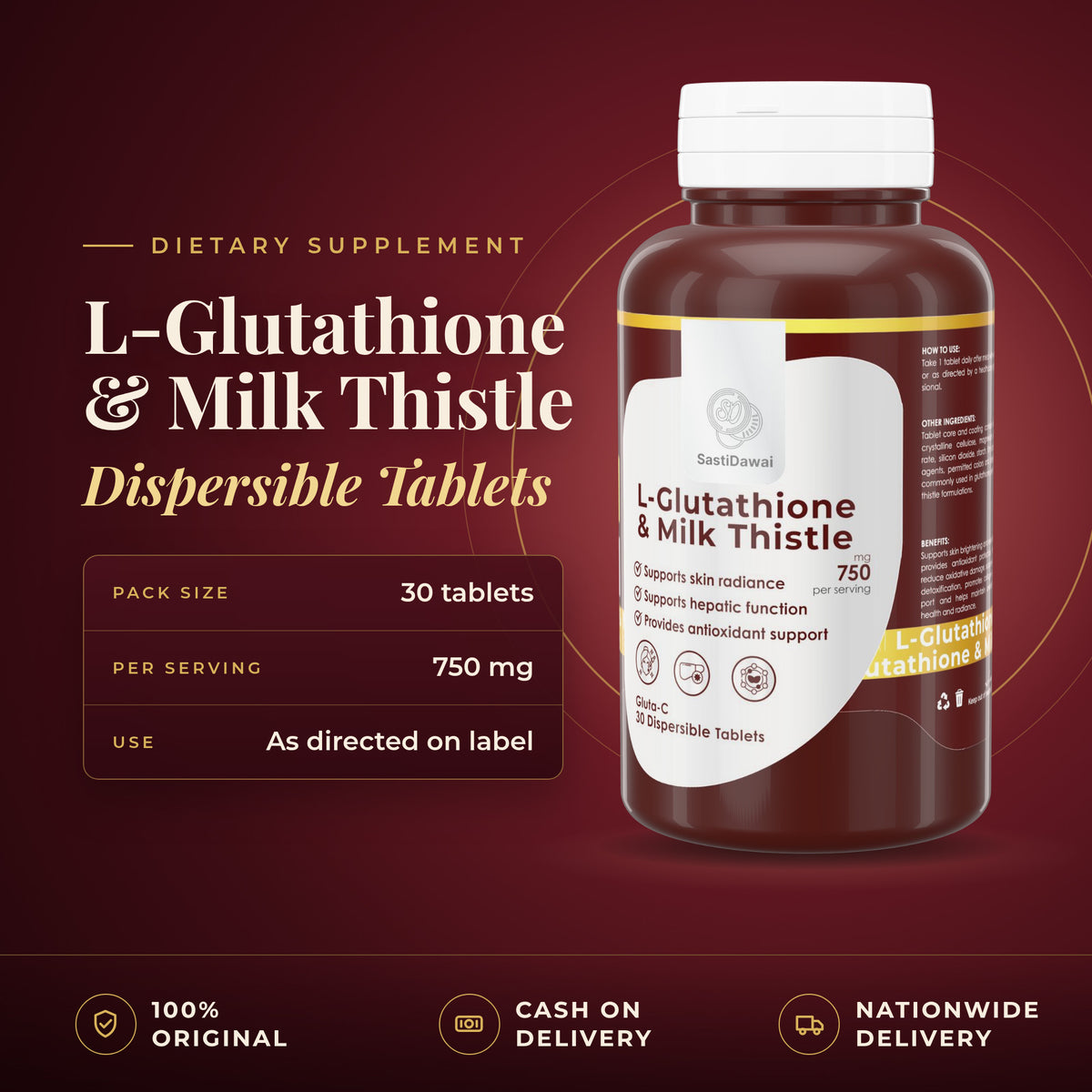 L-Glutathione and Milk Thistle 750 mg Dispersible Tablets bottle, 30 tablets per pack