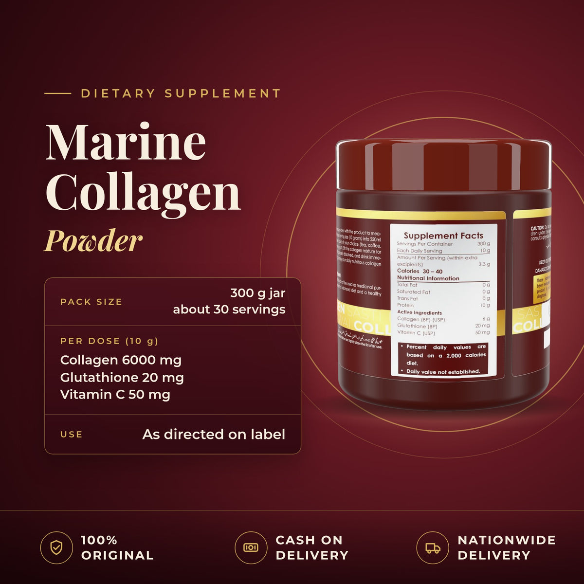 Marine Collagen Powder 300 g jar, about 30 servings, 6000 mg collagen per 10 g dose