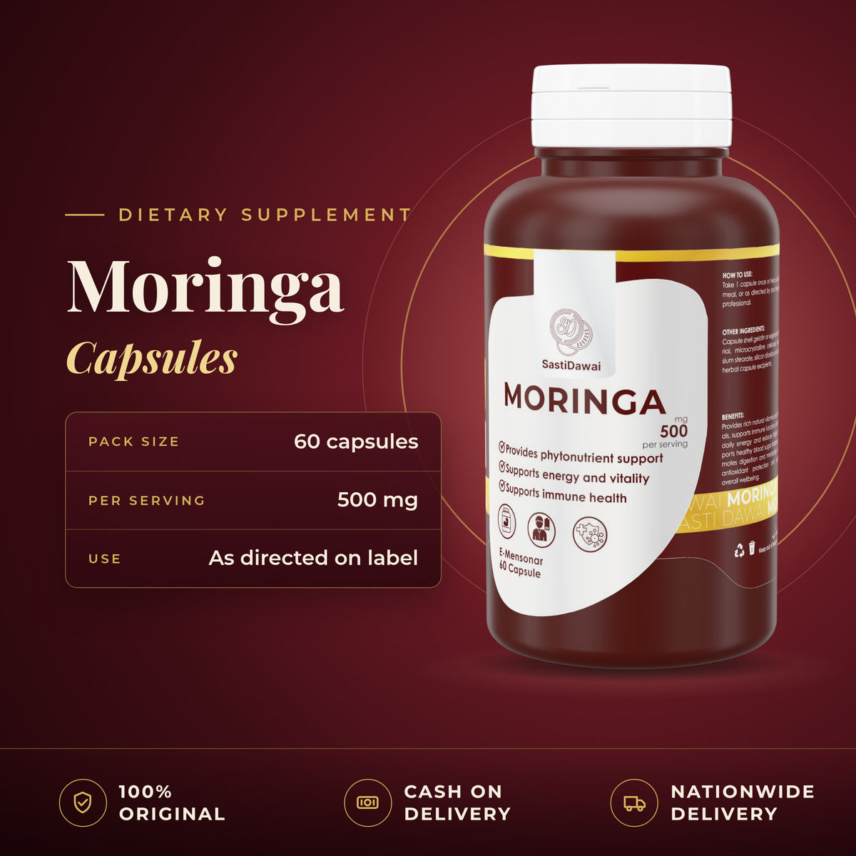 Moringa 500 mg Capsules bottle, 60 capsules per pack