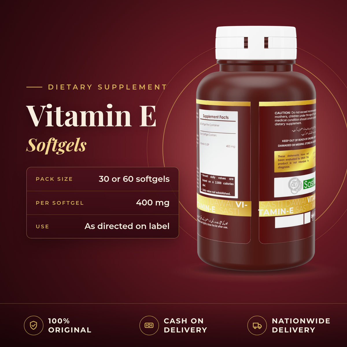 Vitamin E 400 mg Softgels bottle, 30 or 60 softgels